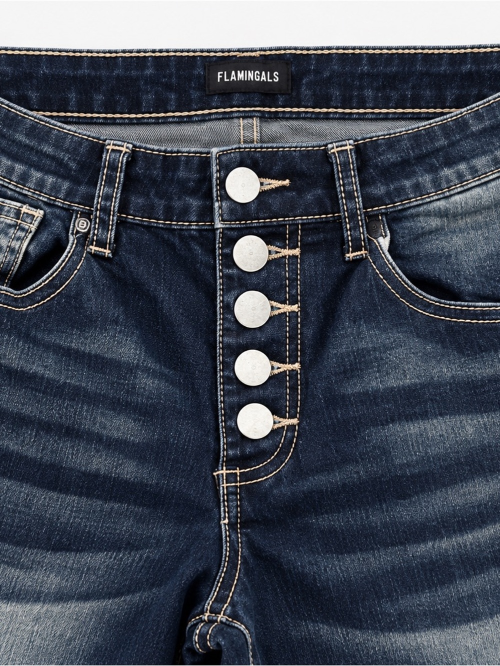 Flamingals Women's High-Rise Button-Fly Jeans in Dark Blue Wash xs